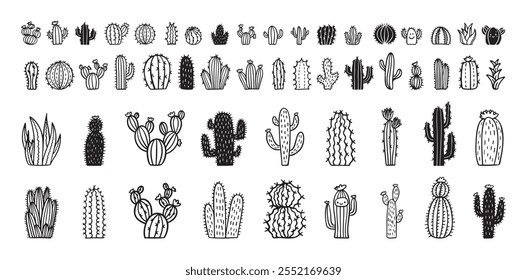 Ícones de cactos desenhados à mão. conjunto de rabiscos de cactos. Coleção de cactos de esboço bonito. Ilustração vetorial