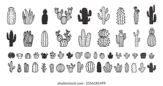 Hand drawn cactus icons. cacti doodle set. Cute sketch cactus collection. Vector illustration