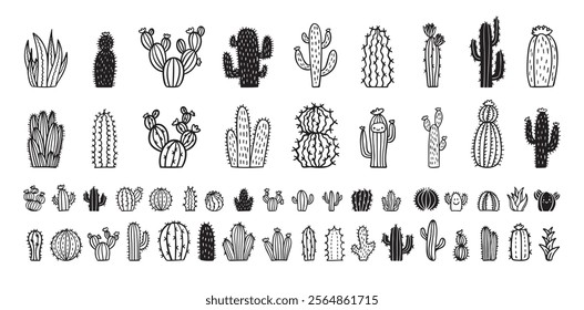 Hand drawn cactus icons. cacti doodle set. Cute sketch cactus collection. Vector illustration