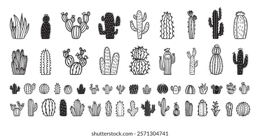 Hand drawn cactus icons. cacti doodle set. Cute sketch cactus collection. Vector illustration