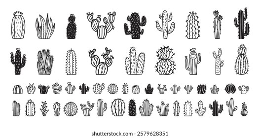 Hand drawn cactus icons. cacti doodle set. Cute sketch cactus collection. Vector illustration