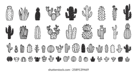 Hand drawn cactus icons. cacti doodle set. Cute sketch cactus collection. Vector illustration