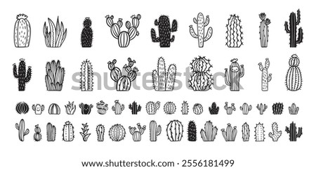 Hand drawn cactus icons. cacti doodle set. Cute sketch cactus collection. Vector illustration