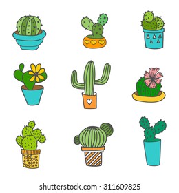 Hand Drawn Cactus Icons Set. 9 different types of cactus. Can be used as web, poster print, t-shirt print  or logo design