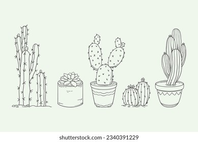 hand drawn cactus illustration. Vector Illustration. cacti with flowers. Set of cactuses. isolated on white background. cactus outline sketch. cactus drawing. cactus plants line art background.