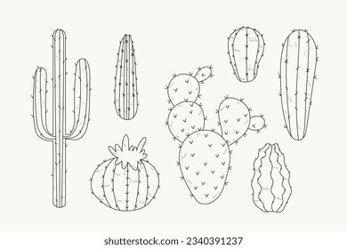 hand drawn cactus illustration. Vector Illustration. cacti with flowers. Set of cactuses. isolated on white background. cactus outline sketch. cactus drawing. cactus plants line art background.