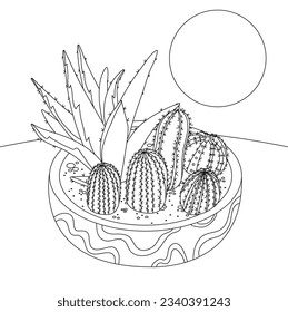 hand drawn cactus illustration. Vector Illustration. cacti with flowers. Set of cactuses. isolated on white background. cactus outline sketch. cactus drawing. cactus plants line art background.