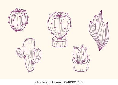 hand drawn cactus illustration. Vector Illustration. cacti with flowers. Set of cactuses. isolated on white background. cactus outline sketch. cactus drawing. cactus plants line art background.