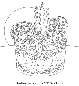 hand drawn cactus illustration. Vector Illustration. cacti with flowers. Set of cactuses. isolated on white background. cactus outline sketch. cactus drawing. cactus plants line art background.