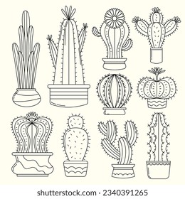 hand drawn cactus illustration. Vector Illustration. cacti with flowers. Set of cactuses. isolated on white background. cactus outline sketch. cactus drawing. cactus plants line art background.