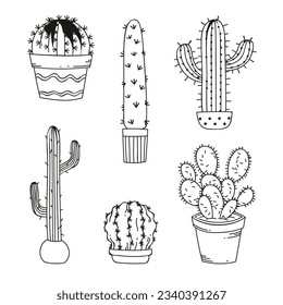ilustración de cactus dibujada a mano. Ilustración vectorial. cactus con flores. Conjunto de cactús. aislado de fondo blanco. esbozo de contorno de cactus. dibujo de cactus. las plantas de cactus bordean el fondo del arte.