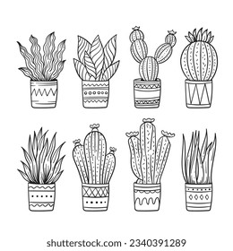 hand drawn cactus illustration. Vector Illustration. cacti with flowers. Set of cactuses. isolated on white background. cactus outline sketch. cactus drawing. cactus plants line art background.