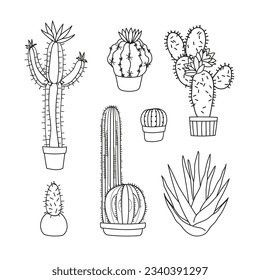 hand drawn cactus illustration. Vector Illustration. cacti with flowers. Set of cactuses. isolated on white background. cactus outline sketch. cactus drawing. cactus plants line art background.