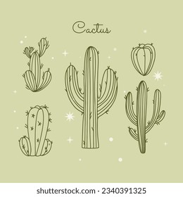 hand drawn cactus illustration. Vector Illustration. cacti with flowers. Set of cactuses. isolated on white background. cactus outline sketch. cactus drawing. cactus plants line art background.