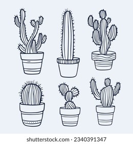 hand drawn cactus illustration. Vector Illustration. cacti with flowers. Set of cactuses. isolated on white background. cactus outline sketch. cactus drawing. cactus plants line art background.