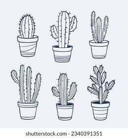hand drawn cactus illustration. Vector Illustration. cacti with flowers. Set of cactuses. isolated on white background. cactus outline sketch. cactus drawing. cactus plants line art background.