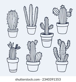 hand drawn cactus illustration. Vector Illustration. cacti with flowers. Set of cactuses. isolated on white background. cactus outline sketch. cactus drawing. cactus plants line art background.