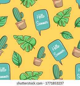 hand drawn cactus, monstera leaves and bubble chat seamless pattern background