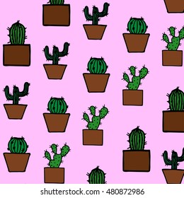 Hand drawn cactus pattern made in vector. Colorful background with retro cactus.
