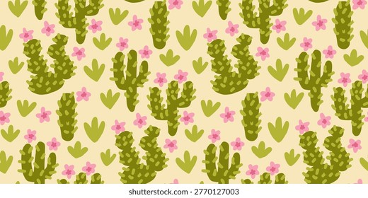 Hand Drawn Cactus and Pink Flowers Seamless Pattern, Cute Succulent Vector Illustration for Textile and Wallpaper Design