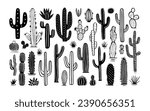 Hand drawn cactus plant doodle set. Vintage style black and white cartoon cacti houseplant illustration collection. Isolated element of nature desert flora, mexican garden bundle.