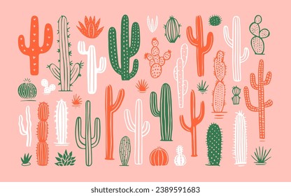 Hand drawn cactus plant doodle set. Vintage style cartoon cacti houseplant illustration collection. Isolated element of nature desert flora, mexican garden bundle. Natural interior graphic decoration.