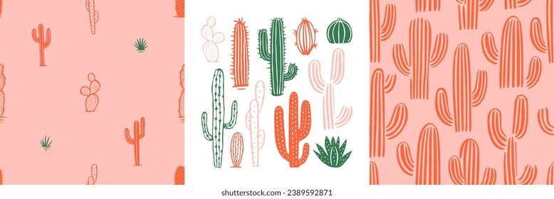 Conjunto de patrones sin fisuras del doodle de cactus dibujado a mano. Caricatura de estilo vintage sobre cactus fondo de la planta de la casa. La textura de la flora del desierto de la naturaleza, la impresión del jardín. Papel pintado de decoración natural de interiores gráficos.