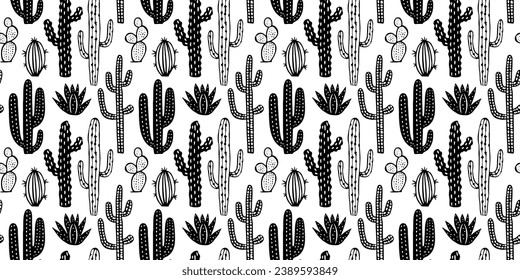 Hand drawn cactus plant doodle seamless pattern. Black and white cacti houseplant background. Nature desert flora texture, mexican garden print. Natural interior graphic decoration wallpaper.