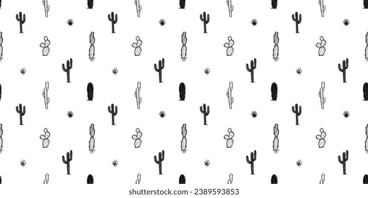 Hand drawn cactus plant doodle seamless pattern. Black and white cacti houseplant background. Nature desert flora texture, mexican garden print. Natural interior graphic decoration wallpaper.