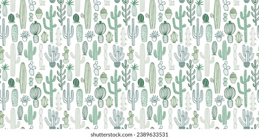 Hand drawn cactus plant doodle seamless pattern. Vintage style cartoon cacti houseplant background. Nature desert flora texture, mexican garden print. Natural interior graphic decoration wallpaper.