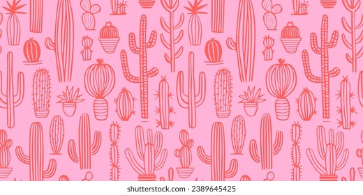Hand drawn cactus plant doodle seamless pattern. Vintage style cartoon cacti houseplant background. Nature desert flora texture, mexican garden print. Natural interior graphic decoration wallpaper.