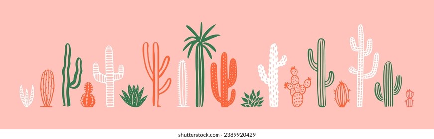 Juego de doodles de cactus de corte manual. Dibujo de dibujos animados de estilo vintage cacti ama de casa colección de ilustraciones. Elemento aislado de la flora natural del desierto, paquete de jardín mexicano. Decoración gráfica interior natural.