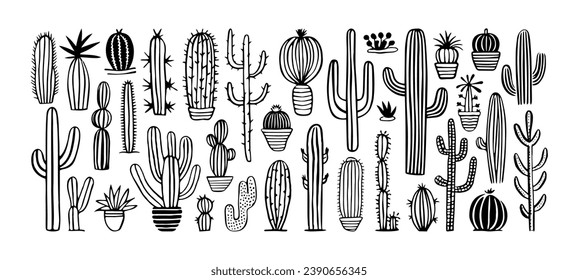 Juego de doodles de cactus de corte manual. Colección de ilustraciones de cactus de dibujos animados en blanco y negro de estilo vintage. Elemento aislado de la flora natural del desierto, paquete de jardín mexicano.