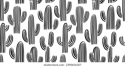 Patrón sin fisuras del doodle de cactus dibujado a mano. Fondo de la planta de cactus en blanco y negro. Textura de la flora del desierto de la naturaleza, huella del jardín mexicano. Papel pintado de decoración natural de interiores gráficos.