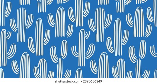 Hand drawn cactus plant doodle seamless pattern. Blue cacti houseplant background. Nature desert flora texture, mexican garden print. Natural interior graphic decoration wallpaper.