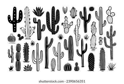 Hand drawn cactus plant doodle set. Vintage style black and white cartoon cacti houseplant illustration collection. Isolated element of nature desert flora, mexican garden bundle.