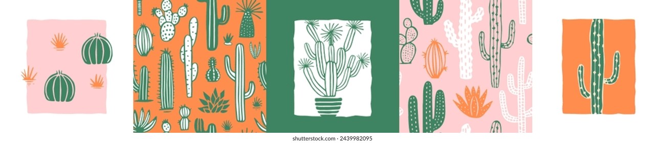 Handgezeichnete Kaktus Pflanze Doodle nahtlose Muster-Set. Vintage Stil Cartoon Kakteen Haus Pflanze Hintergrund. Natur Wüstenflora Textur, Gartendruck. Natürliche innere grafische Dekoration Poster Bündel.