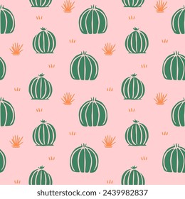 Hand drawn cactus plant doodle seamless pattern. Vintage style cartoon cacti houseplant background. Nature desert flora texture, mexican garden print. Natural interior graphic decoration wallpaper.