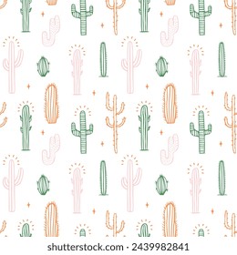 Dibujado a mano cactus planta doodle patrón sin fisuras. Fondo de planta de cactus de dibujos animados de estilo vintage. Naturaleza textura de la flora del desierto, impresión del jardín mexicano. Fondo de pantalla de decoración gráfica interior natural.