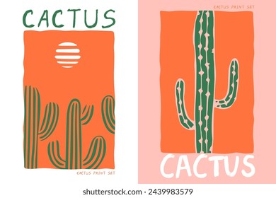 Hand drawn cactus plant doodle set. Vintage style cartoon cacti houseplant illustration collection. Poster of nature desert flora, mexican garden bundle. Natural interior graphic decoration.