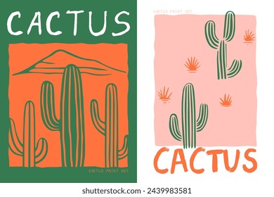 Hand drawn cactus plant doodle set. Vintage style cartoon cacti houseplant illustration collection. Poster of nature desert flora, mexican garden bundle. Natural interior graphic decoration.