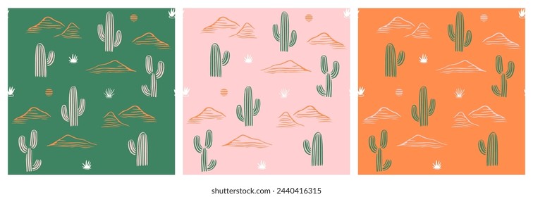 Hand drawn cactus plant doodle seamless pattern set. Vintage style cartoon cacti houseplant background. Nature desert flora texture, garden print. Natural interior graphic decoration wallpaper.