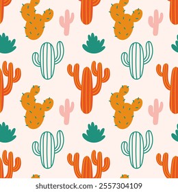 Hand drawn cactus plant doodle seamless pattern. Cacti houseplant background. 