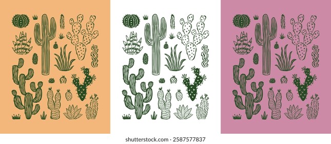 Hand drawn cactus plant doodle set. Vintage style cartoon cacti houseplant illustration collection. Poster of nature desert flora. Natural interior graphic decoration.