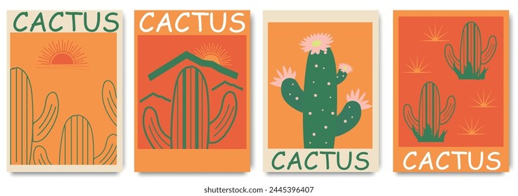 Hand drawn cactus plant  set. Vintage style cartoon cacti houseplant illustration collection. Poster of nature desert flora, mexican garden bundle. Natural interior graphic decoration.