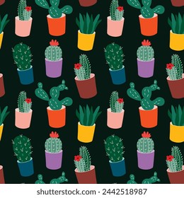 Hand drawn cactus plant vector seamless pattern