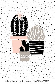 Hand drawn cactus plants in black, white, taupe and pastel pink. Scandinavian style illustration, modern and elegant home decor.