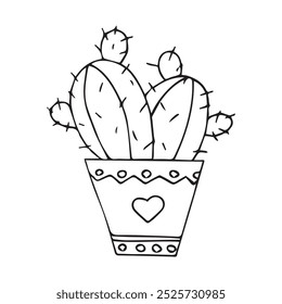 Hand drawn cactus in a pot. Doodle illustration isolated on white background