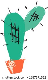 Hand drawn cactus  in pot isolated on white background. Engraving vintage style. Vector illustration.Can be used as a print on t-shirts, bags, stationery, posters, greeting cards