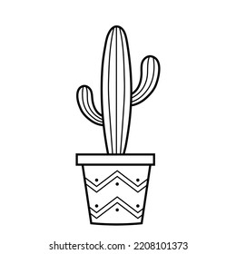Hand drawn cactus in pot. Isolated vector illustration in doodle sketch style.